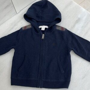Burberry Children Extra Fine Merino Wool Navy Nova Check Zip Hoodie Sweater 9mo